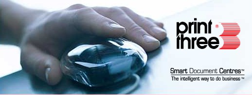 Hand on mouse, Print Three logo